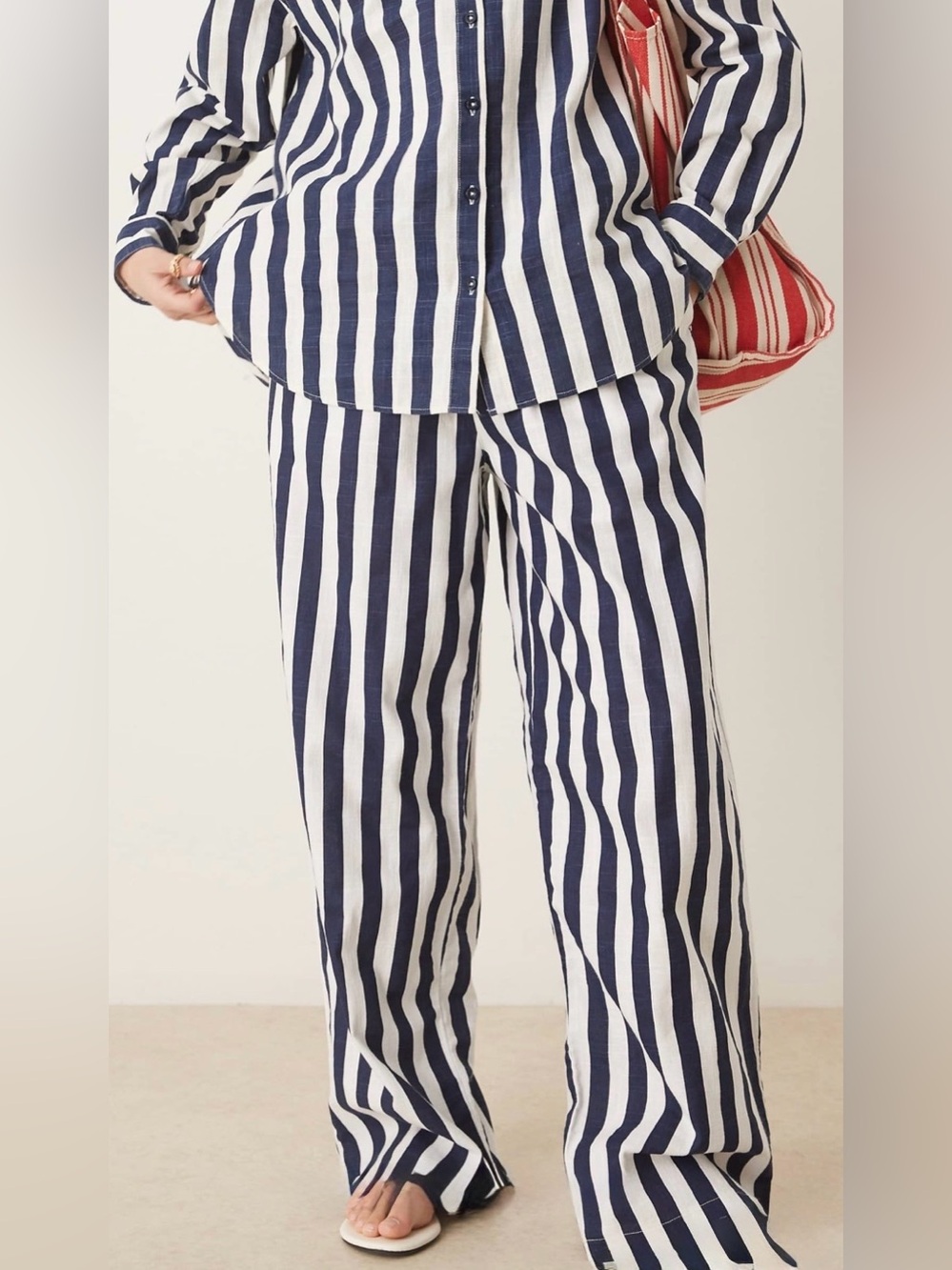 ASOS DESIGN linen look pull on pants in navy stripe XL  NWOT runs BIG